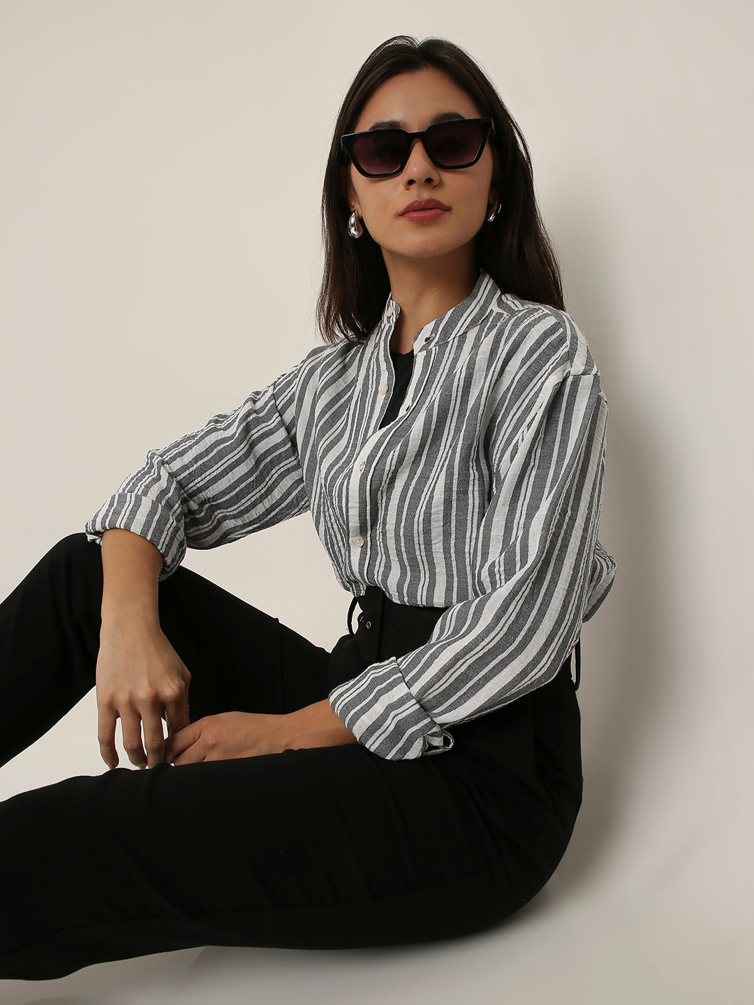 Grey Striped Mandarin Collar Shirt