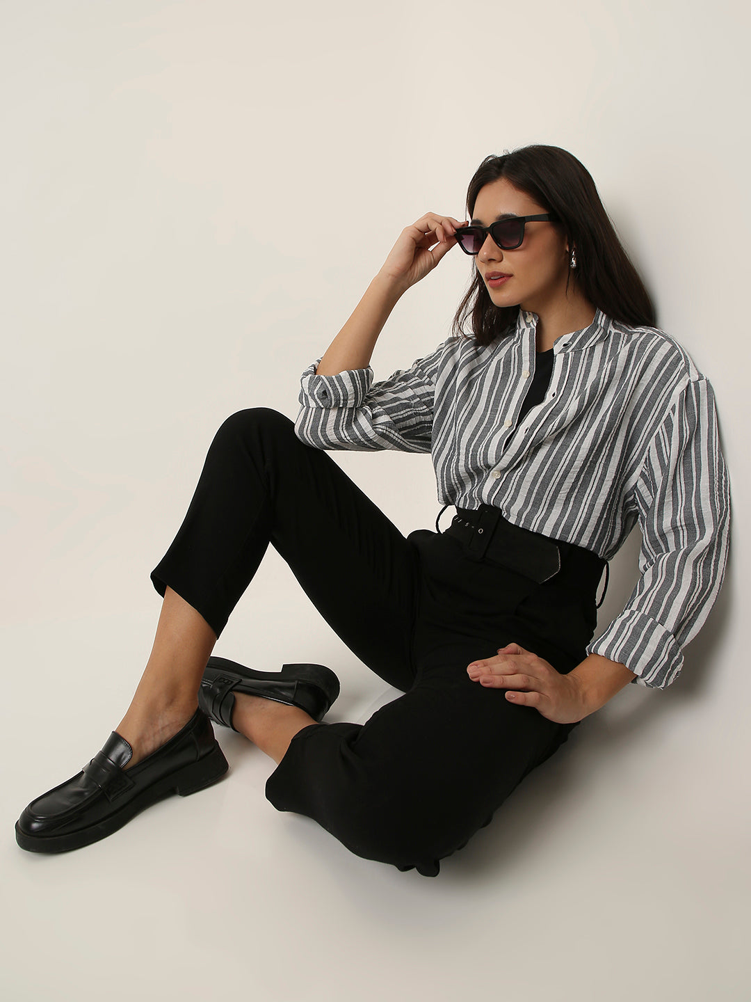 Grey Striped Mandarin Collar Shirt