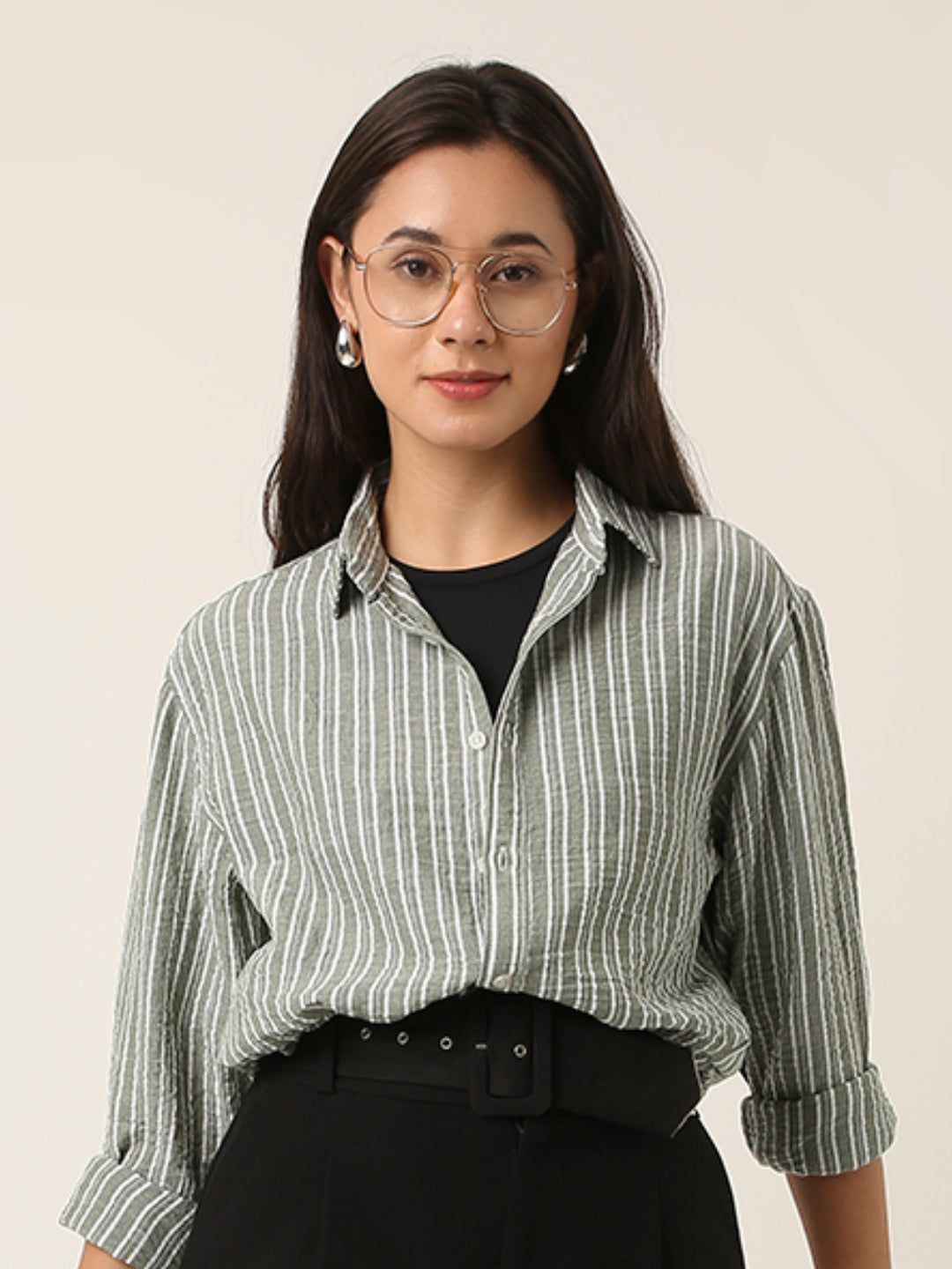 Green Striped Classic Collar Shirt