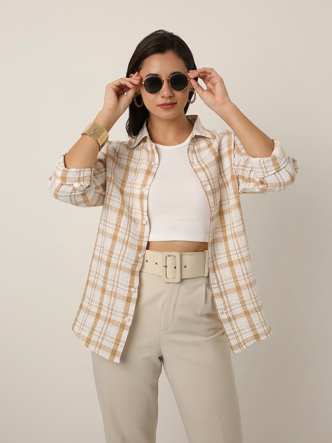 Mustard Checked Linen Blend Shirt