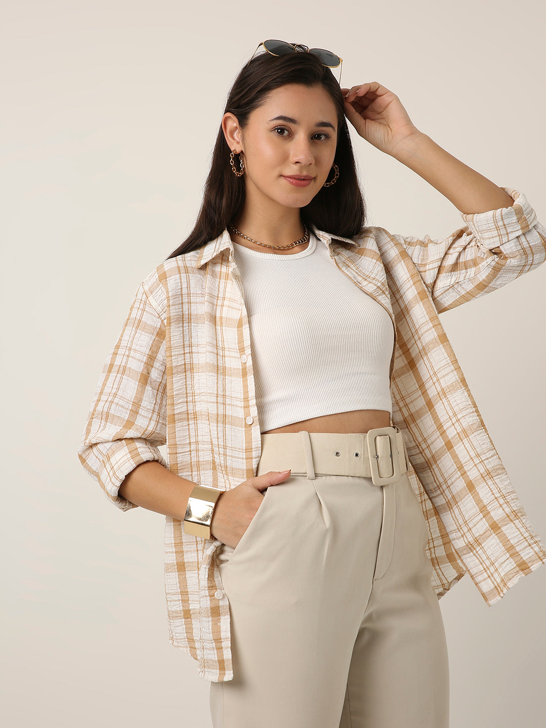 Mustard Checked Linen Blend Shirt