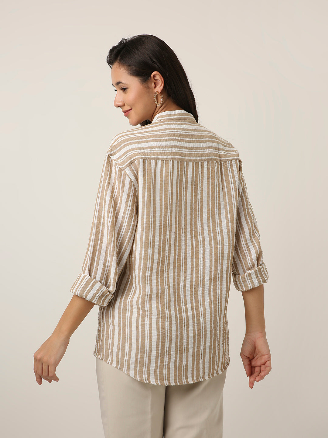 Fawn Striped Mandarin Collar Shirt