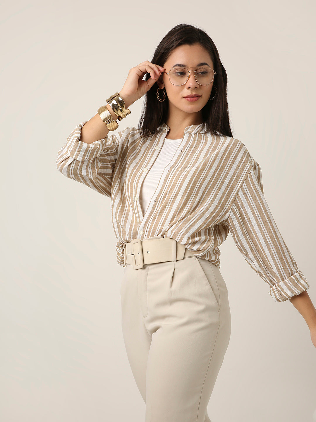 Fawn Striped Mandarin Collar Shirt