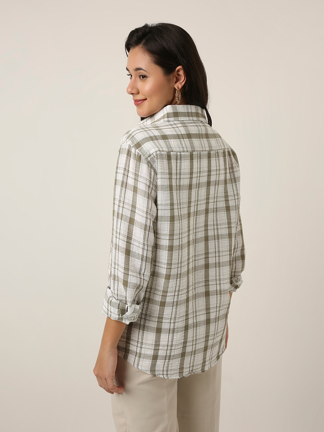 Olive Checked Linen Blend Shirt