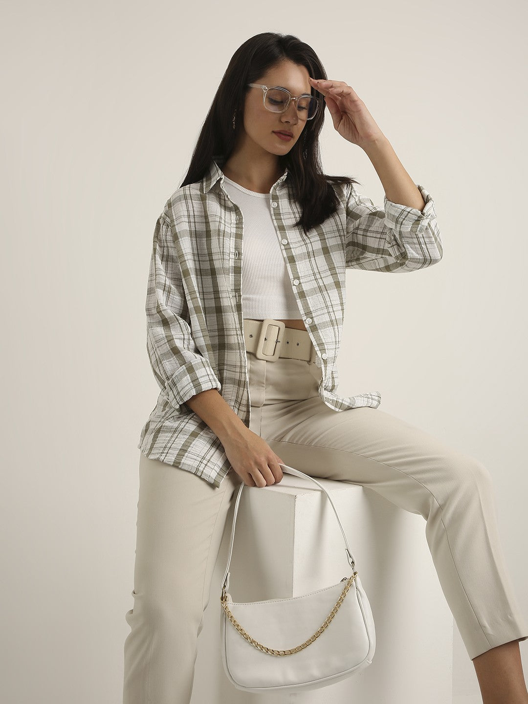 Olive Checked Linen Blend Shirt
