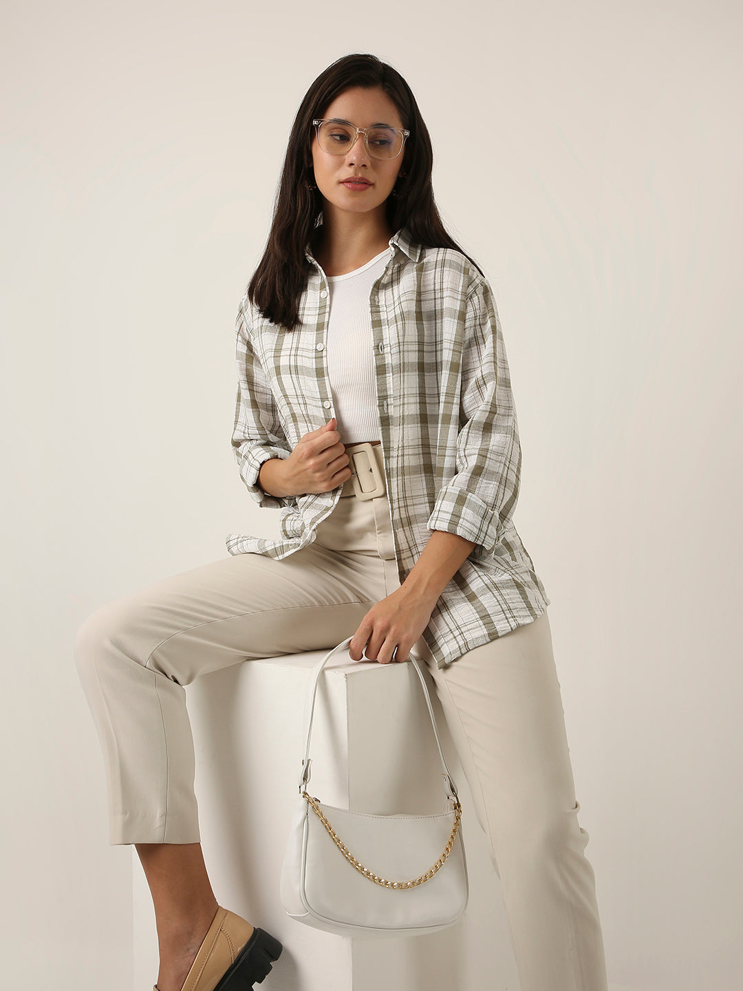 Olive Checked Linen Blend Shirt