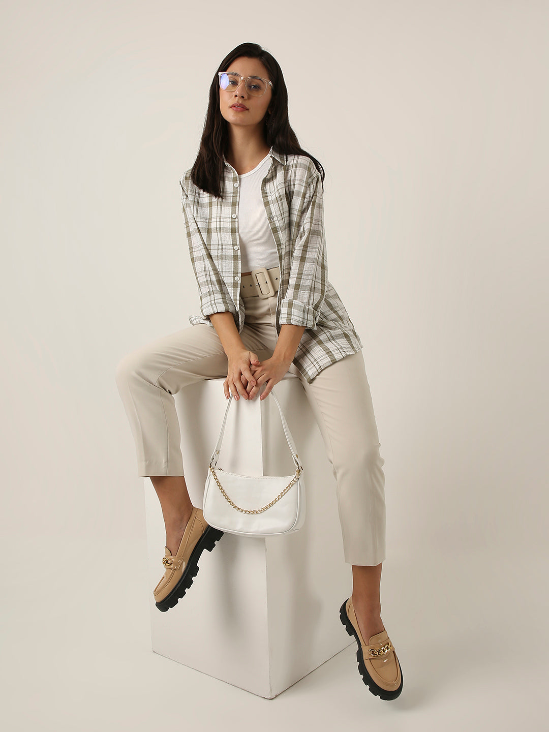 Olive Checked Linen Blend Shirt