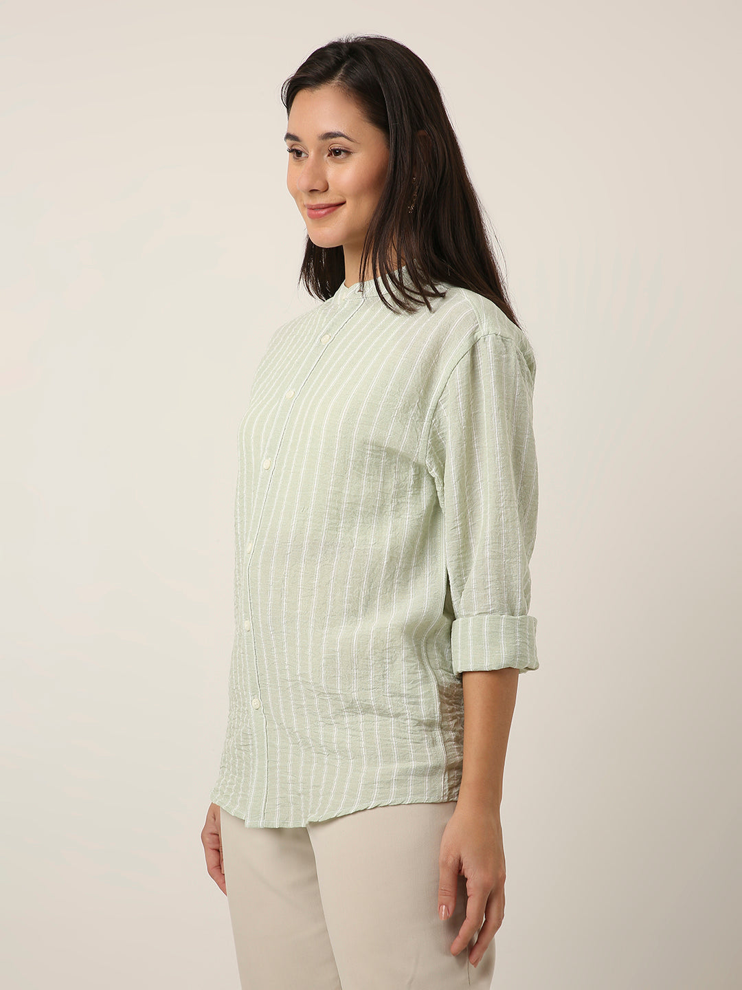 Green Striped Mandarin Collar Shirt