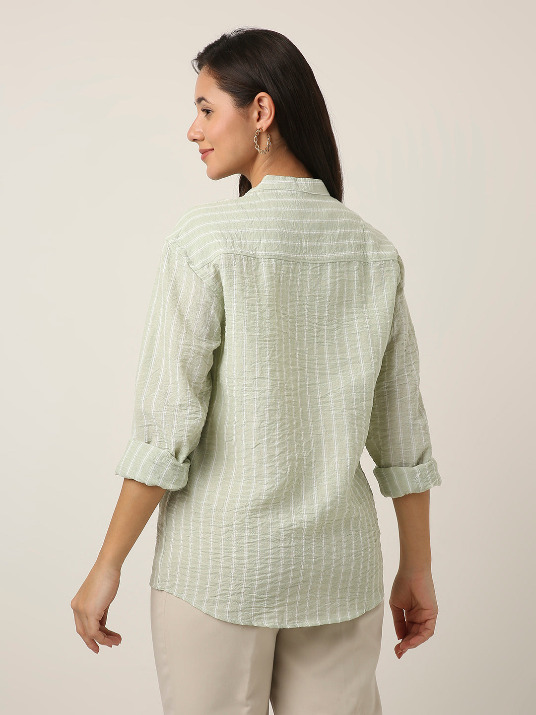 Green Striped Mandarin Collar Shirt