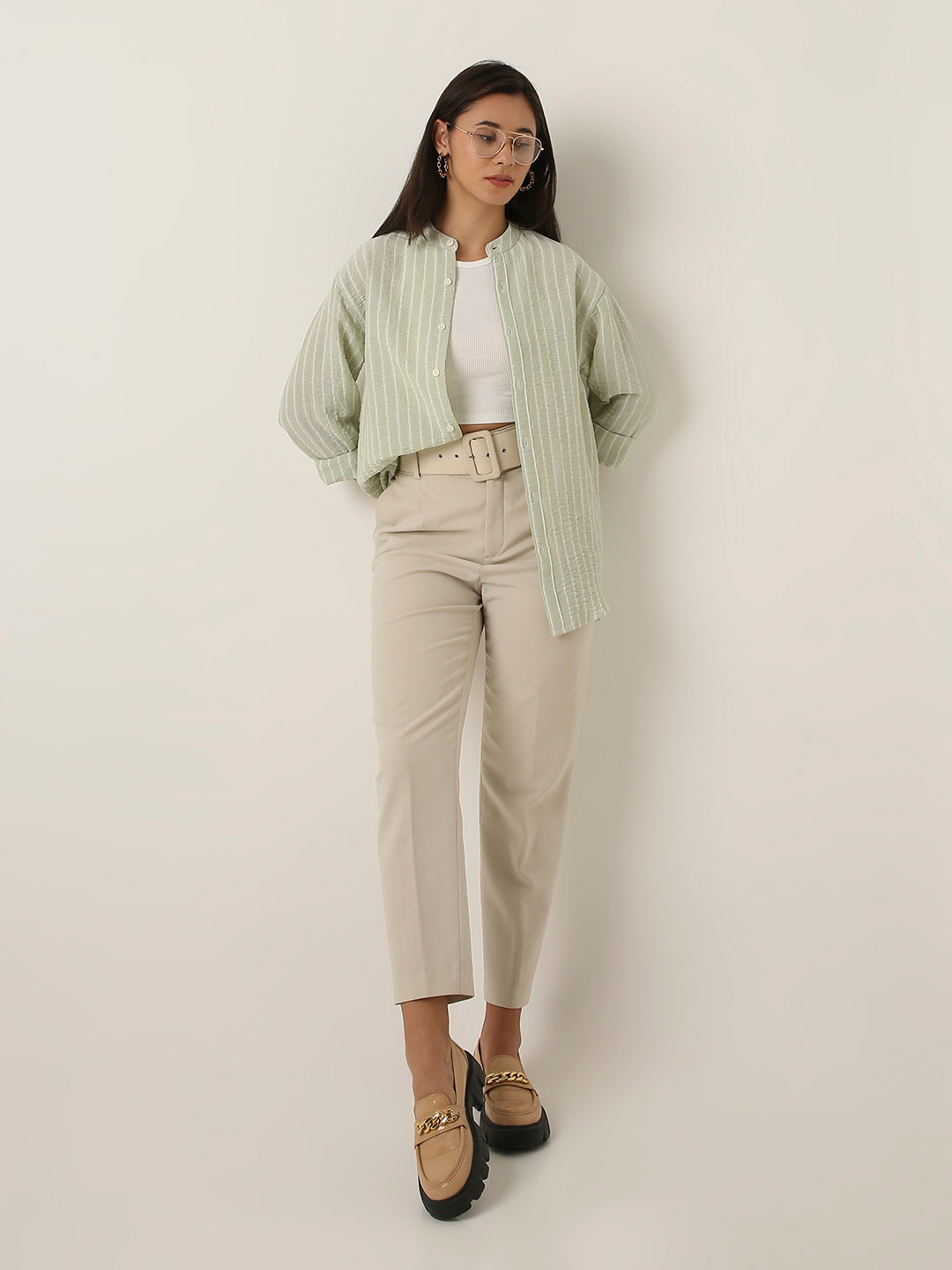 Green Striped Mandarin Collar Shirt