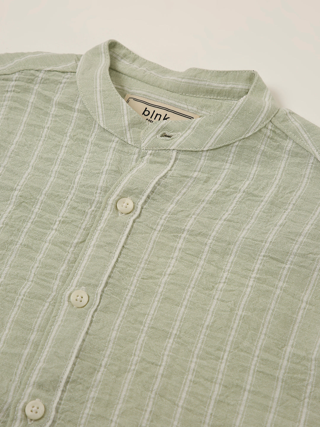 Green Striped Mandarin Collar Shirt