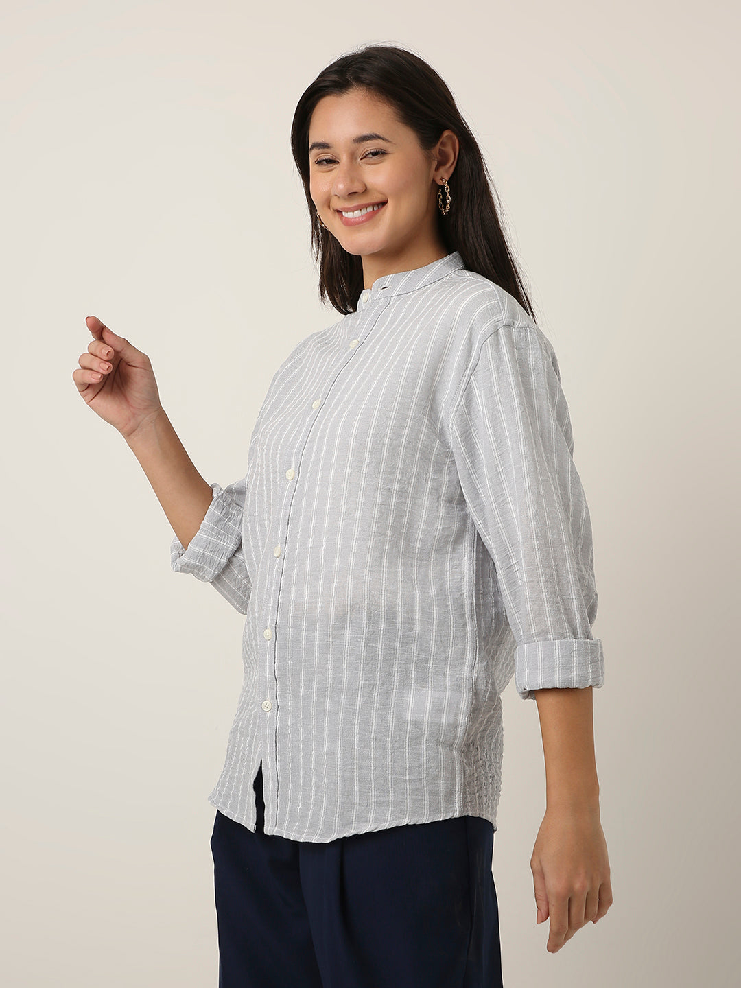 Grey Striped Mandarin Collar Shirt