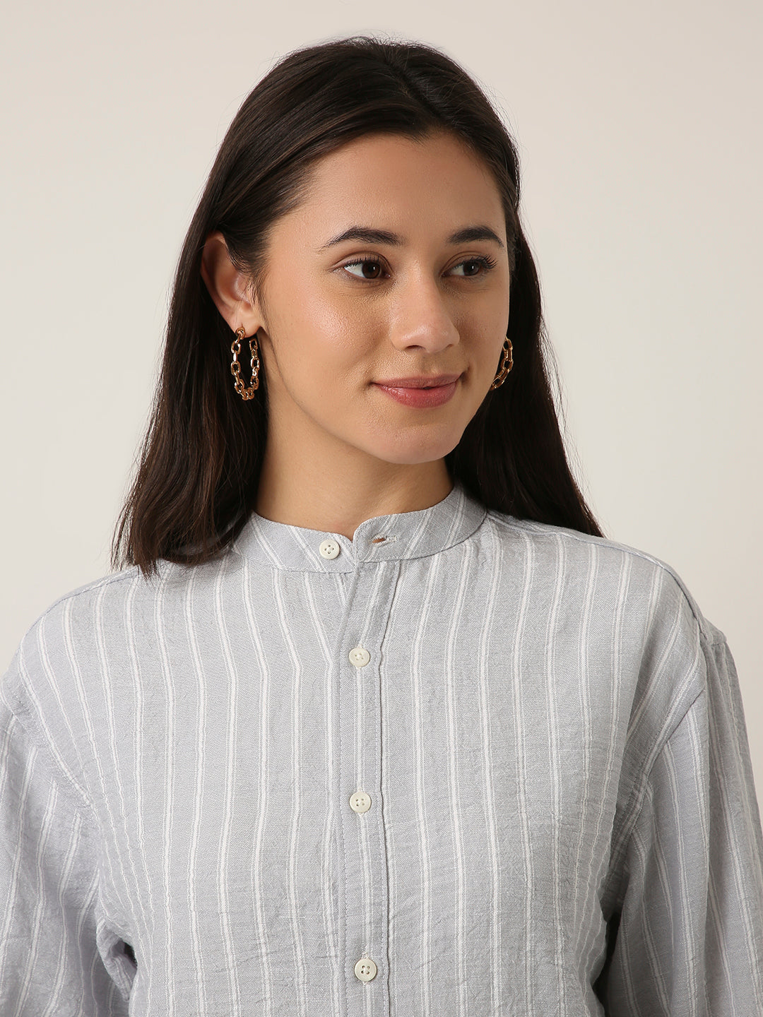 Grey Striped Mandarin Collar Shirt