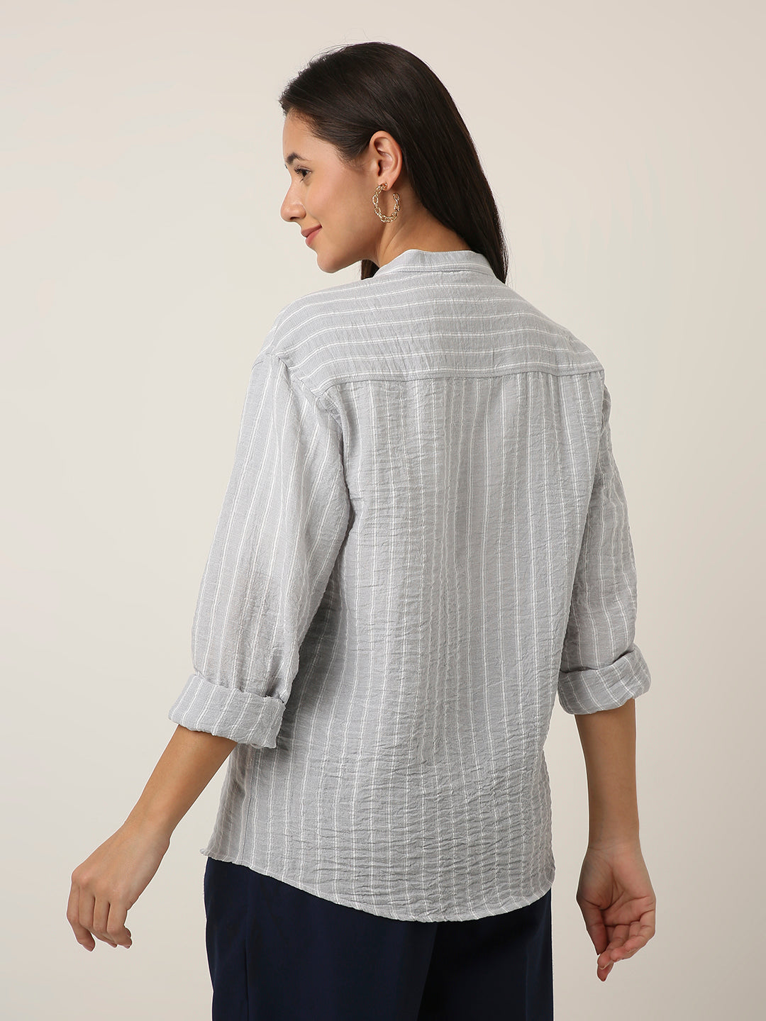 Grey Striped Mandarin Collar Shirt