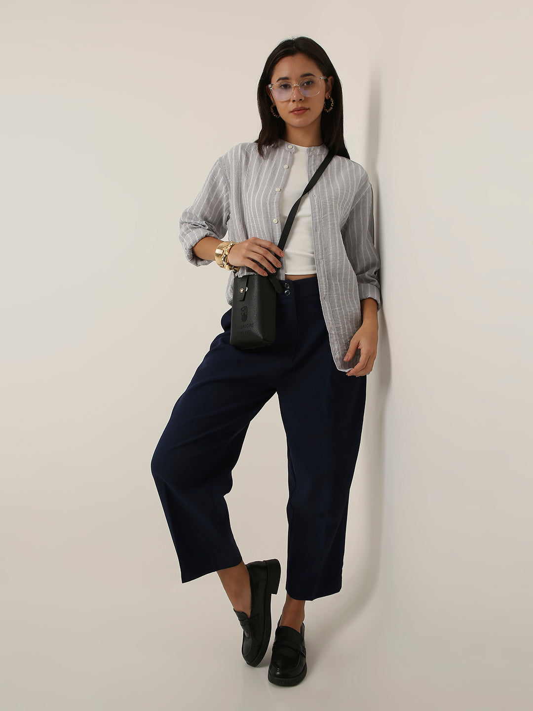 Grey Striped Mandarin Collar Shirt