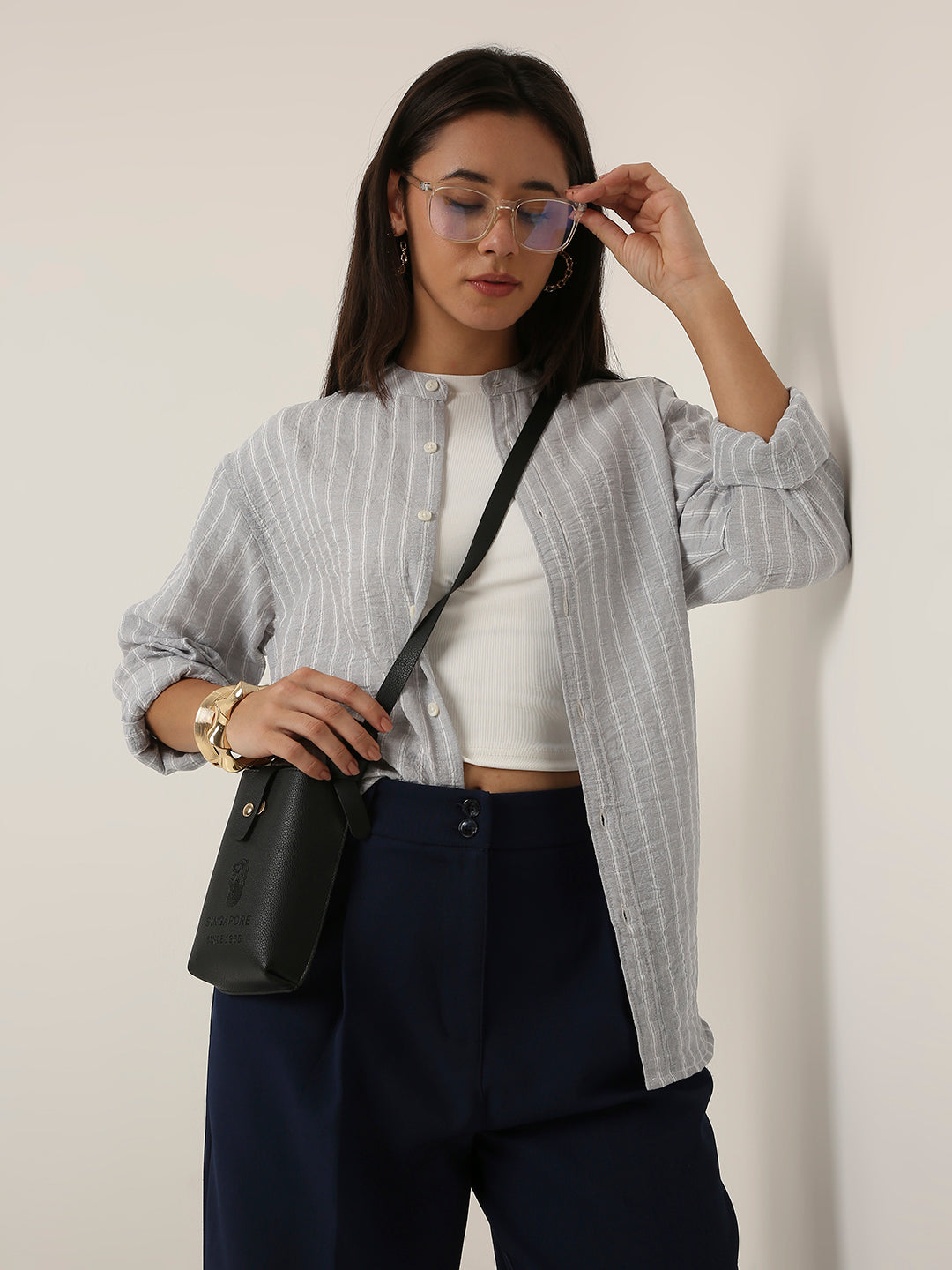 Grey Striped Mandarin Collar Shirt