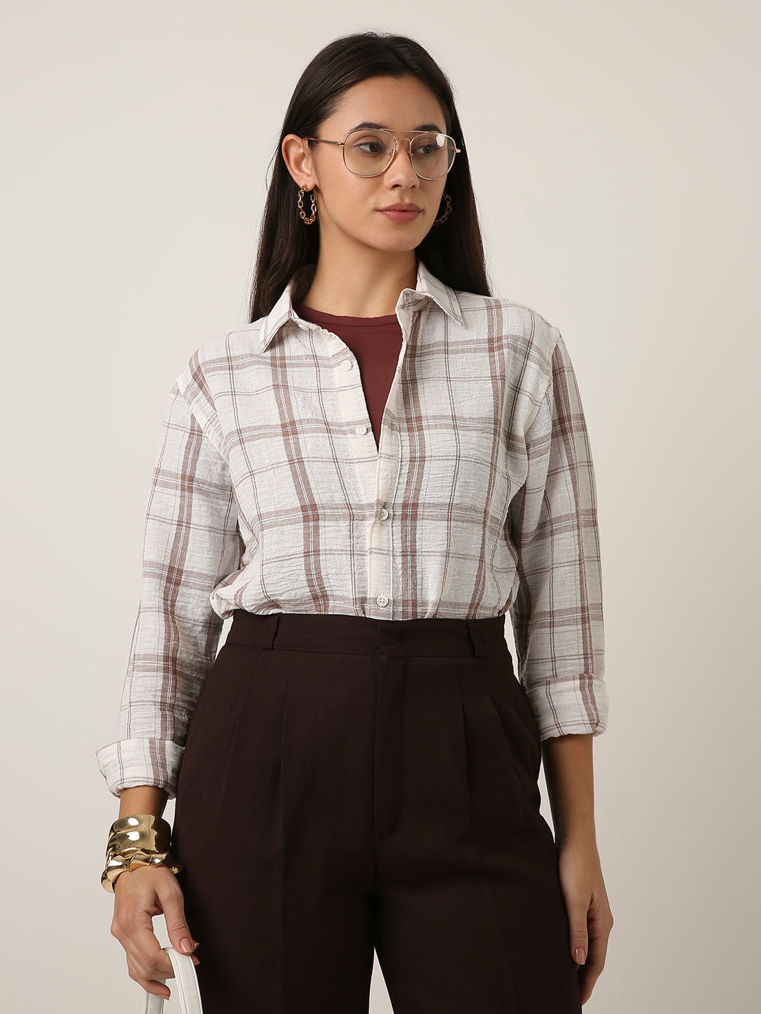 Brown Checked Relaxed Fit Shirt