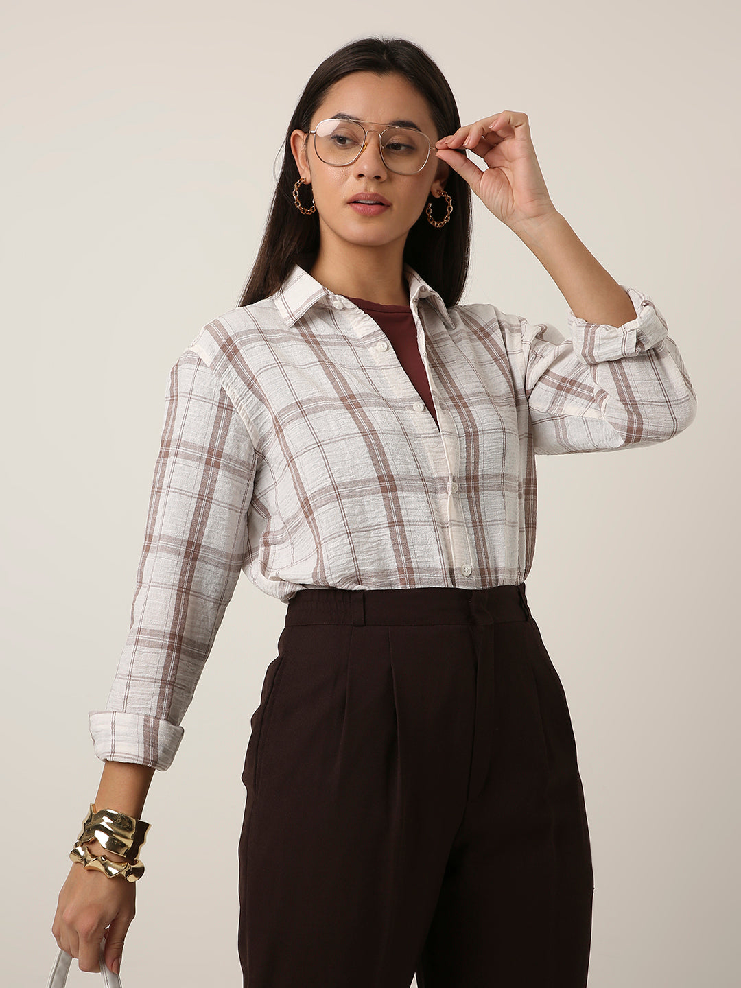 Brown Checked Relaxed Fit Shirt