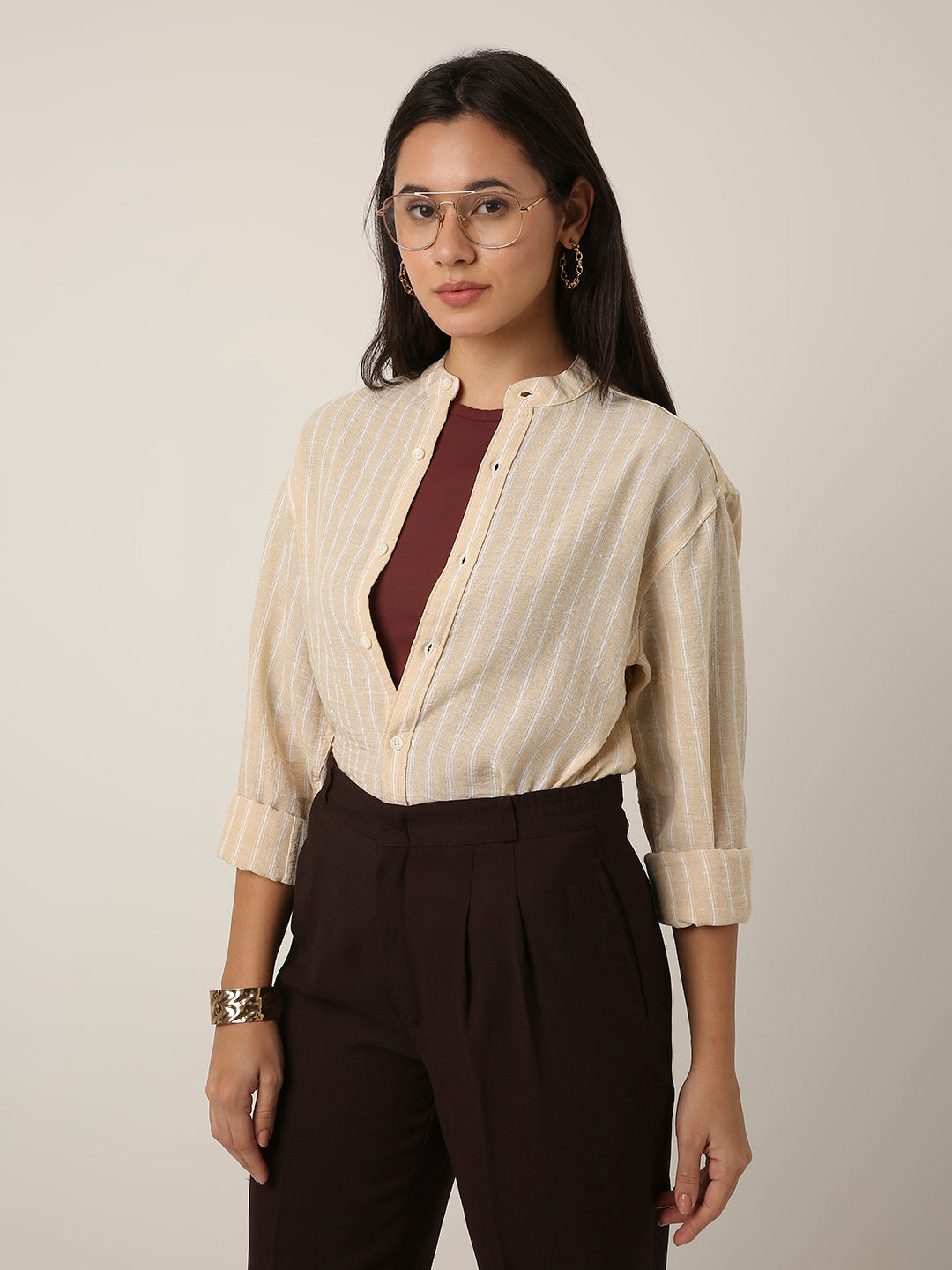 Fawn Striped Mandarin Collar Shirt