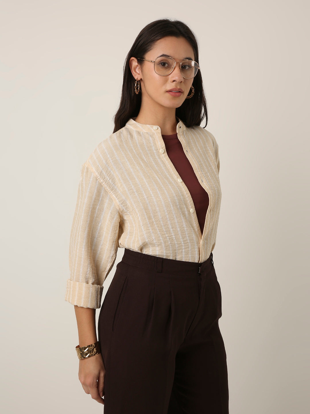 Fawn Striped Mandarin Collar Shirt