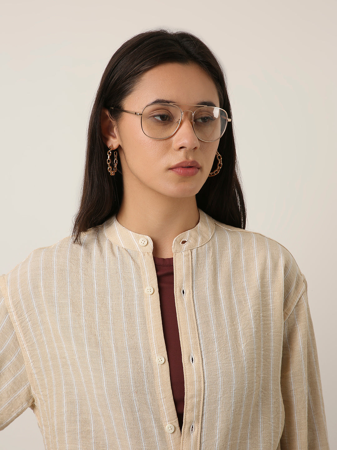 Fawn Striped Mandarin Collar Shirt