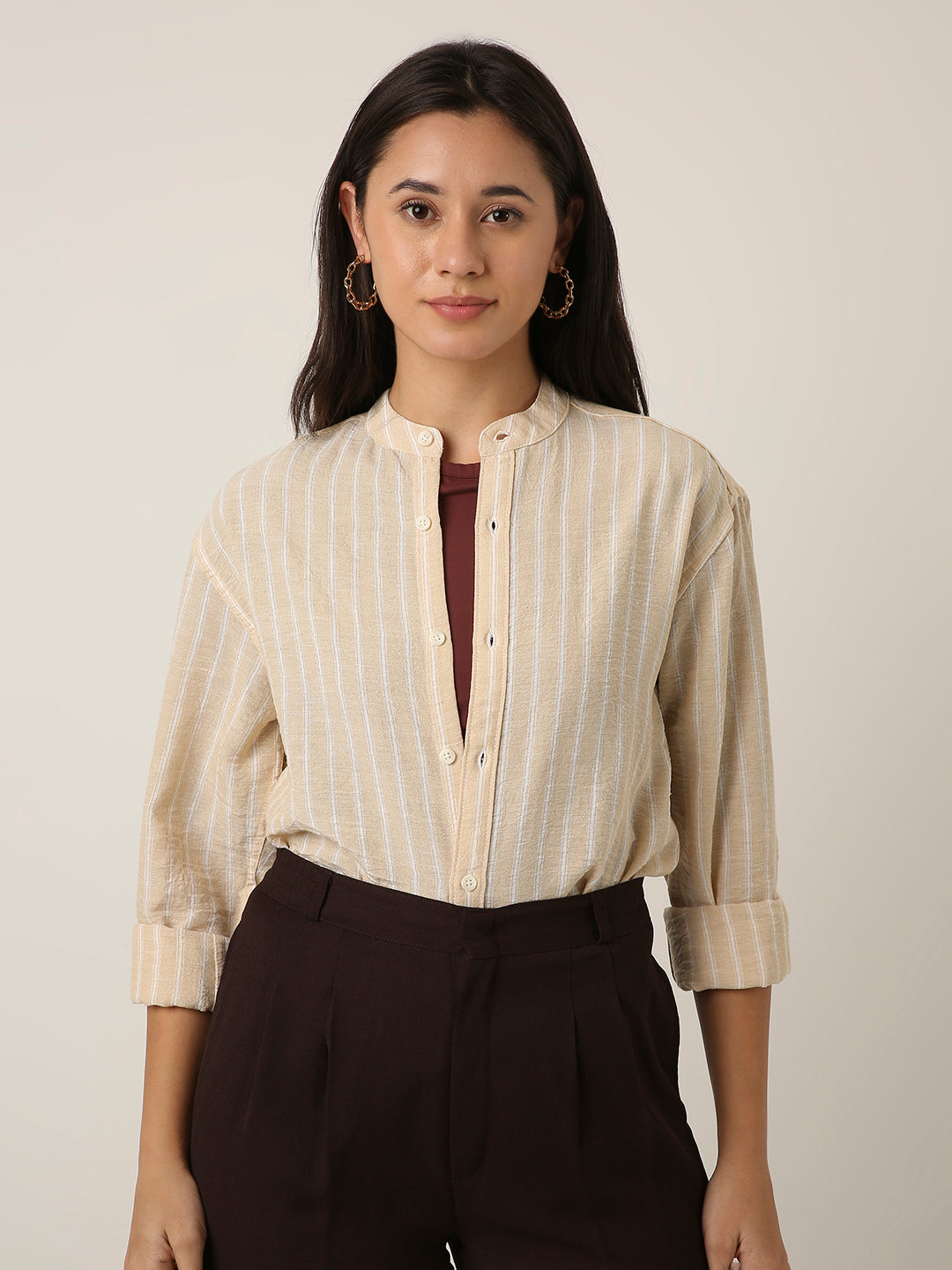 Fawn Striped Mandarin Collar Shirt