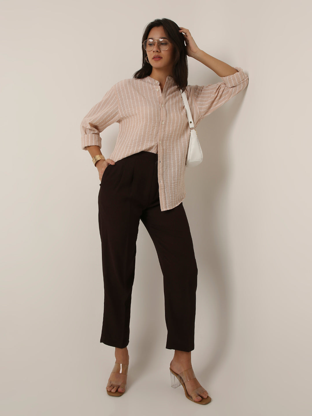 Peach Striped Mandarin Collar Shirt