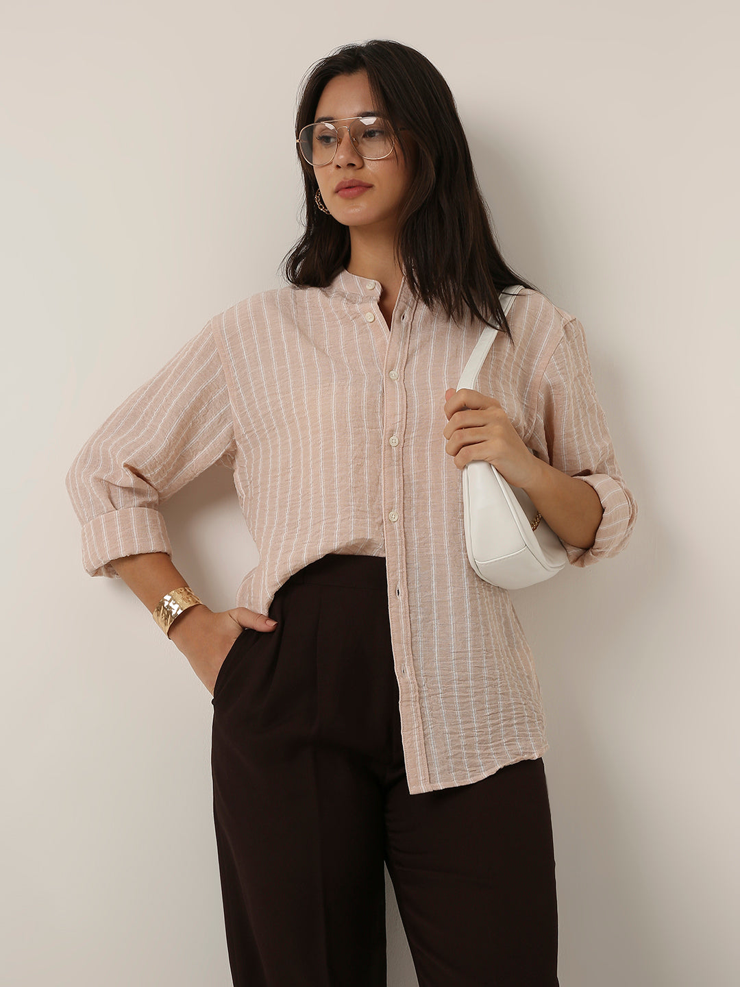 Peach Striped Mandarin Collar Shirt