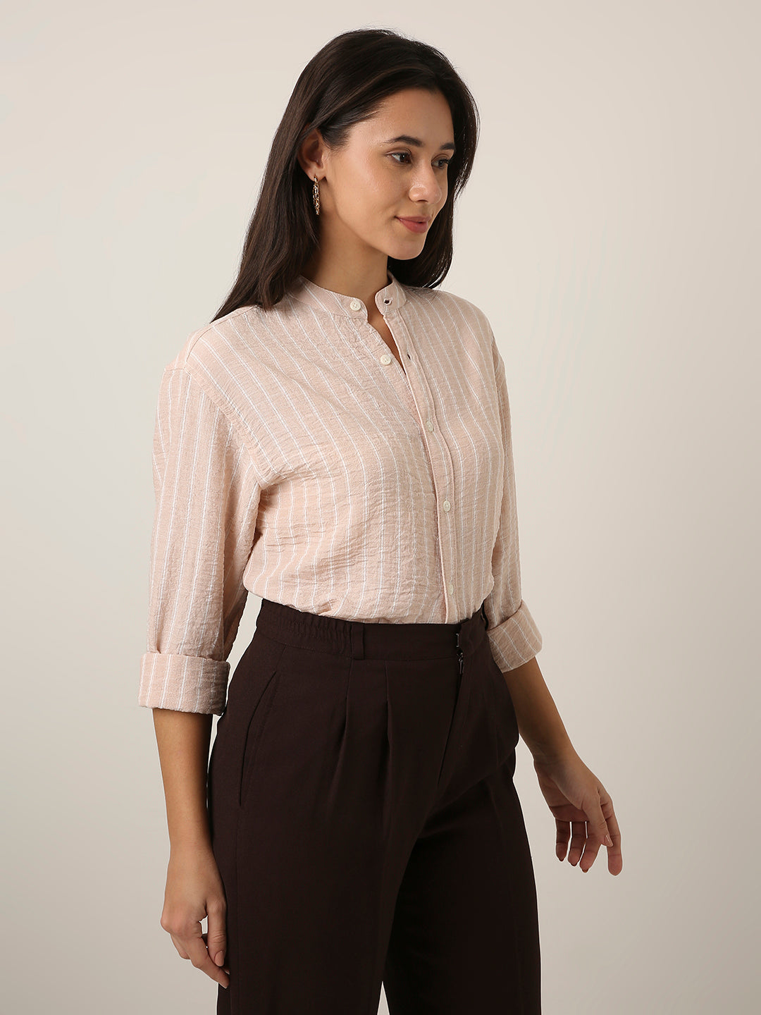 Peach Striped Mandarin Collar Shirt