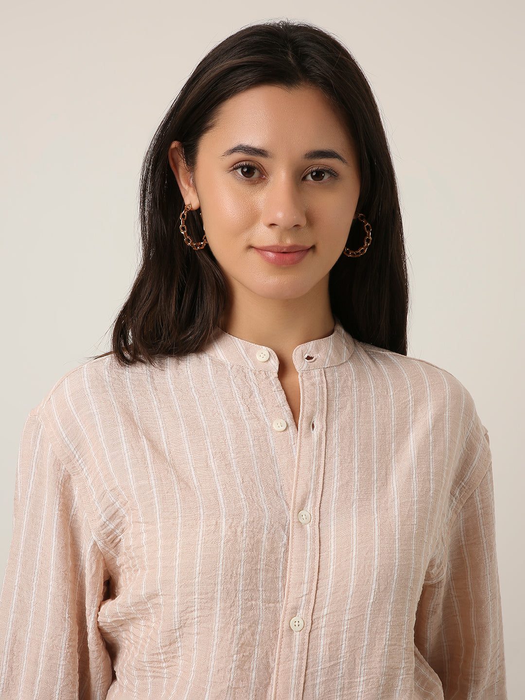 Peach Striped Mandarin Collar Shirt