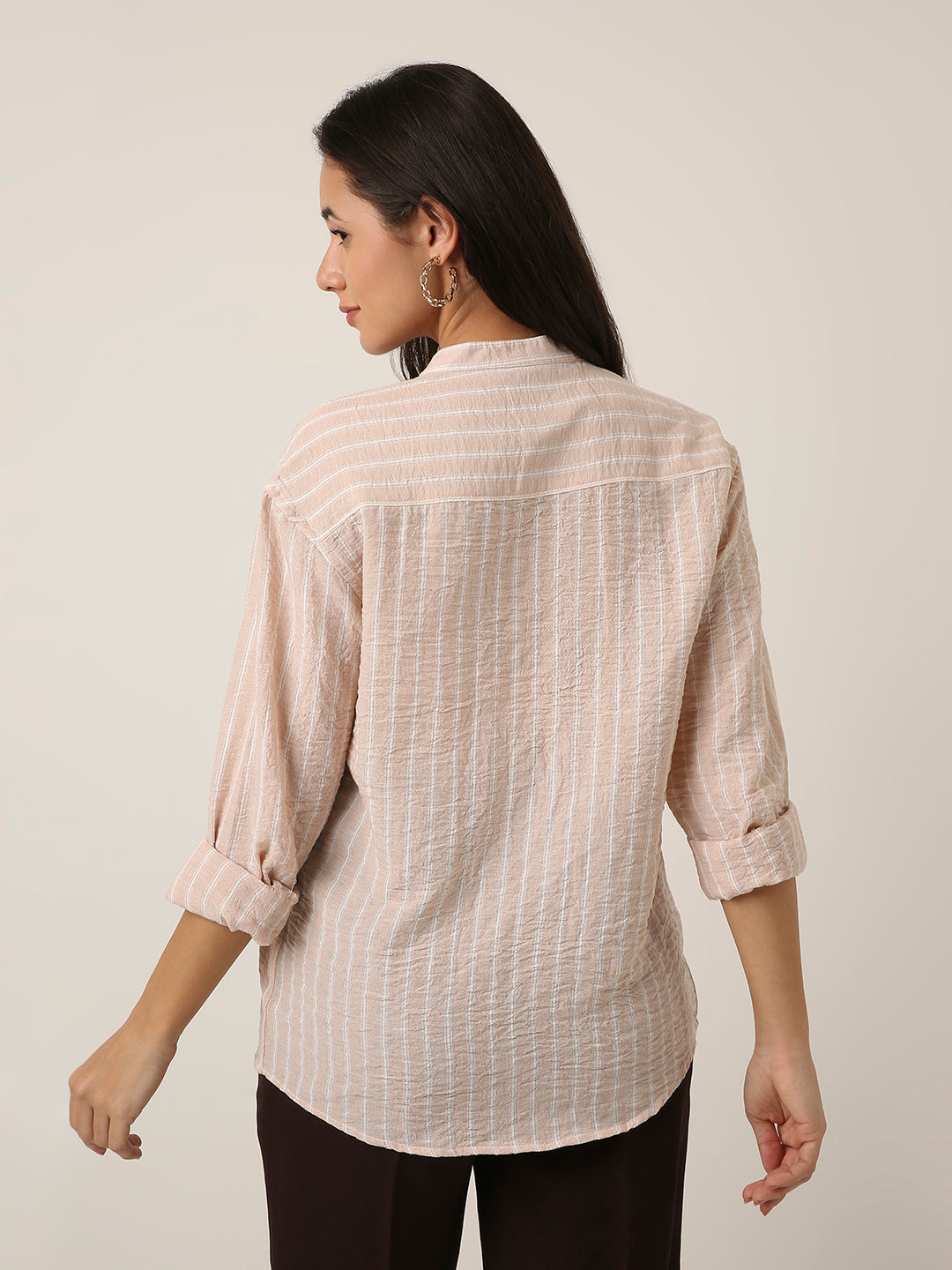 Peach Striped Mandarin Collar Shirt