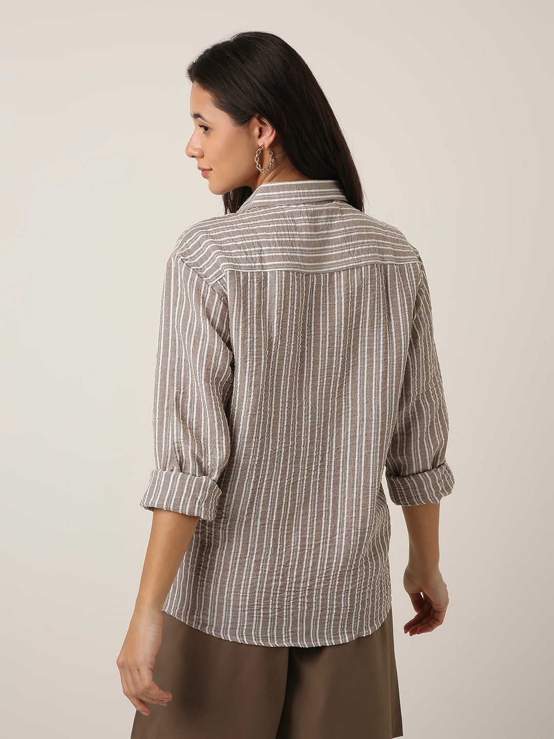 Beige Striped Classic Collar Shirt