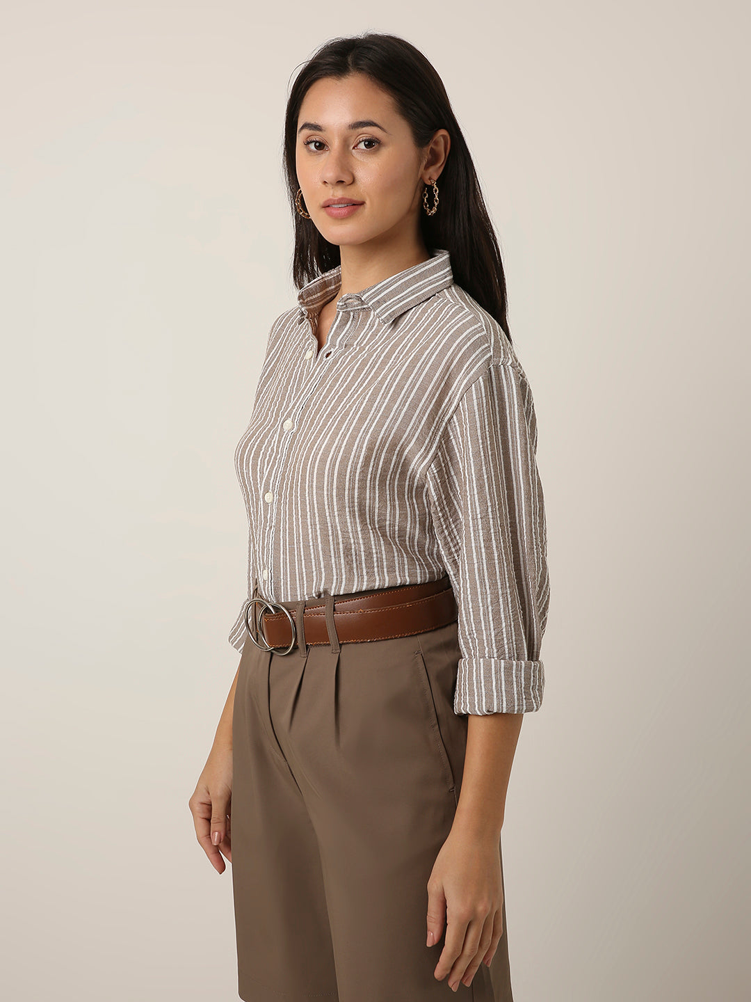 Beige Striped Classic Collar Shirt