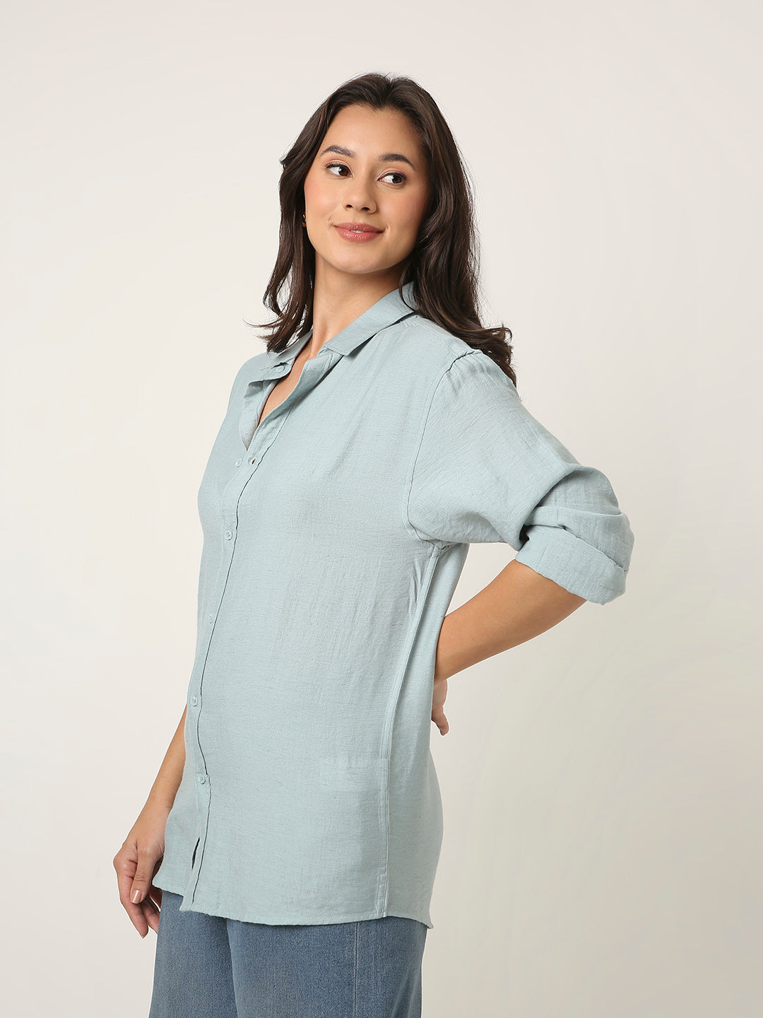 Blue Solid Casual Linen blend Shirt