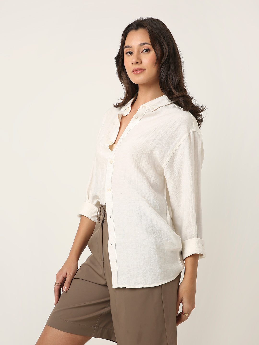 White Solid Casual Linen blend Shirt