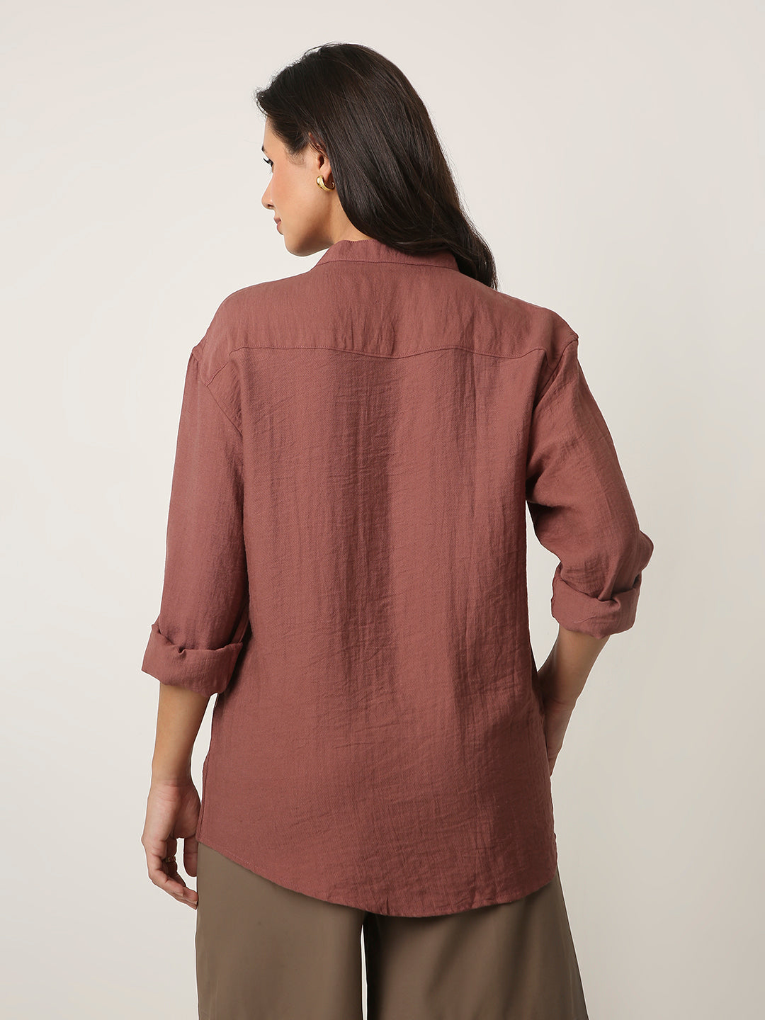 Rust Brown Mandarin Collar Casual Shirt