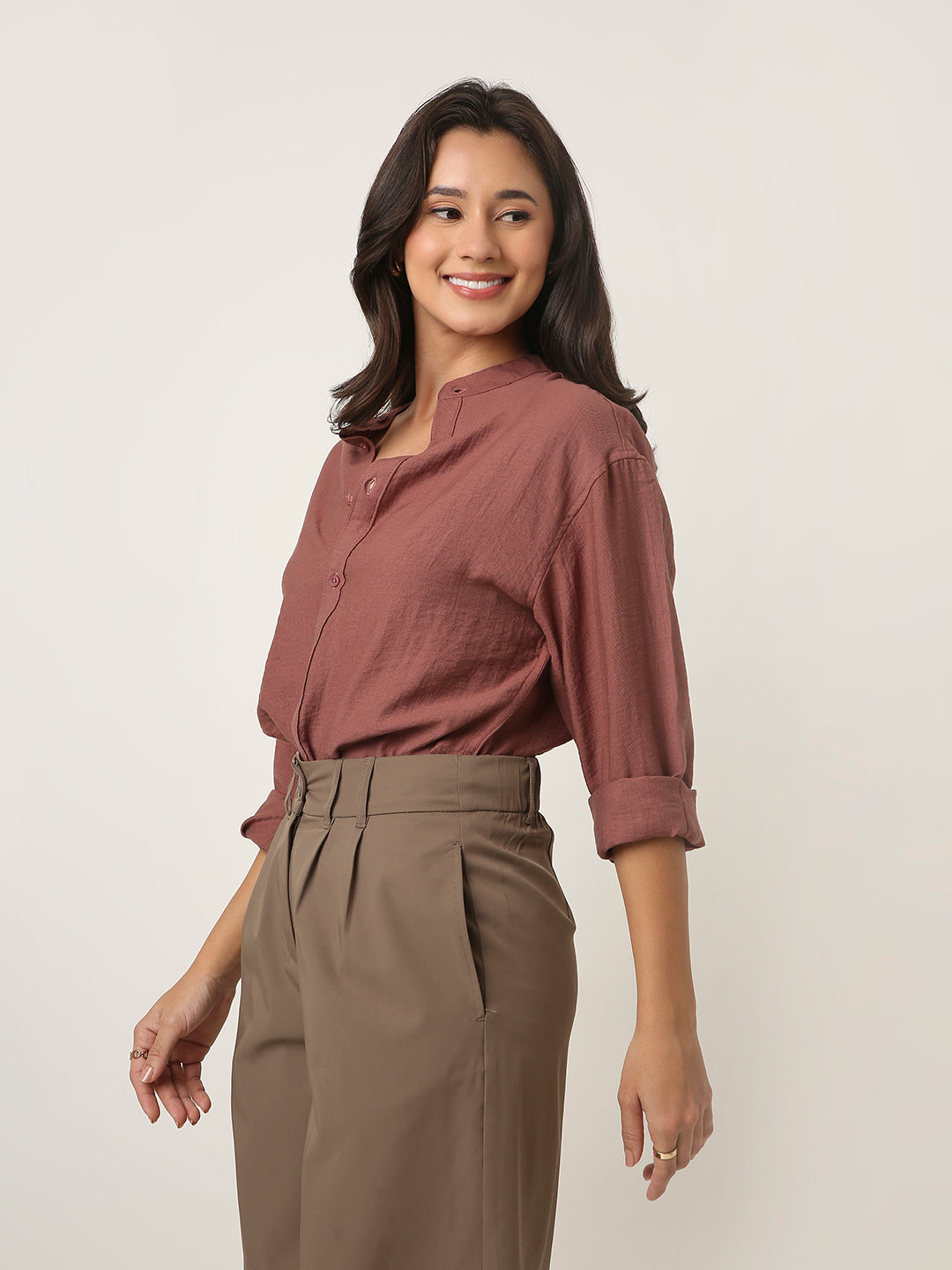 Rust Brown Mandarin Collar Casual Shirt