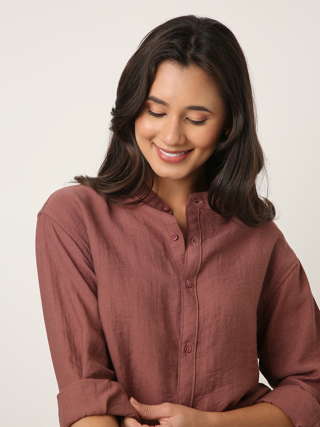 Rust Brown Mandarin Collar Casual Shirt