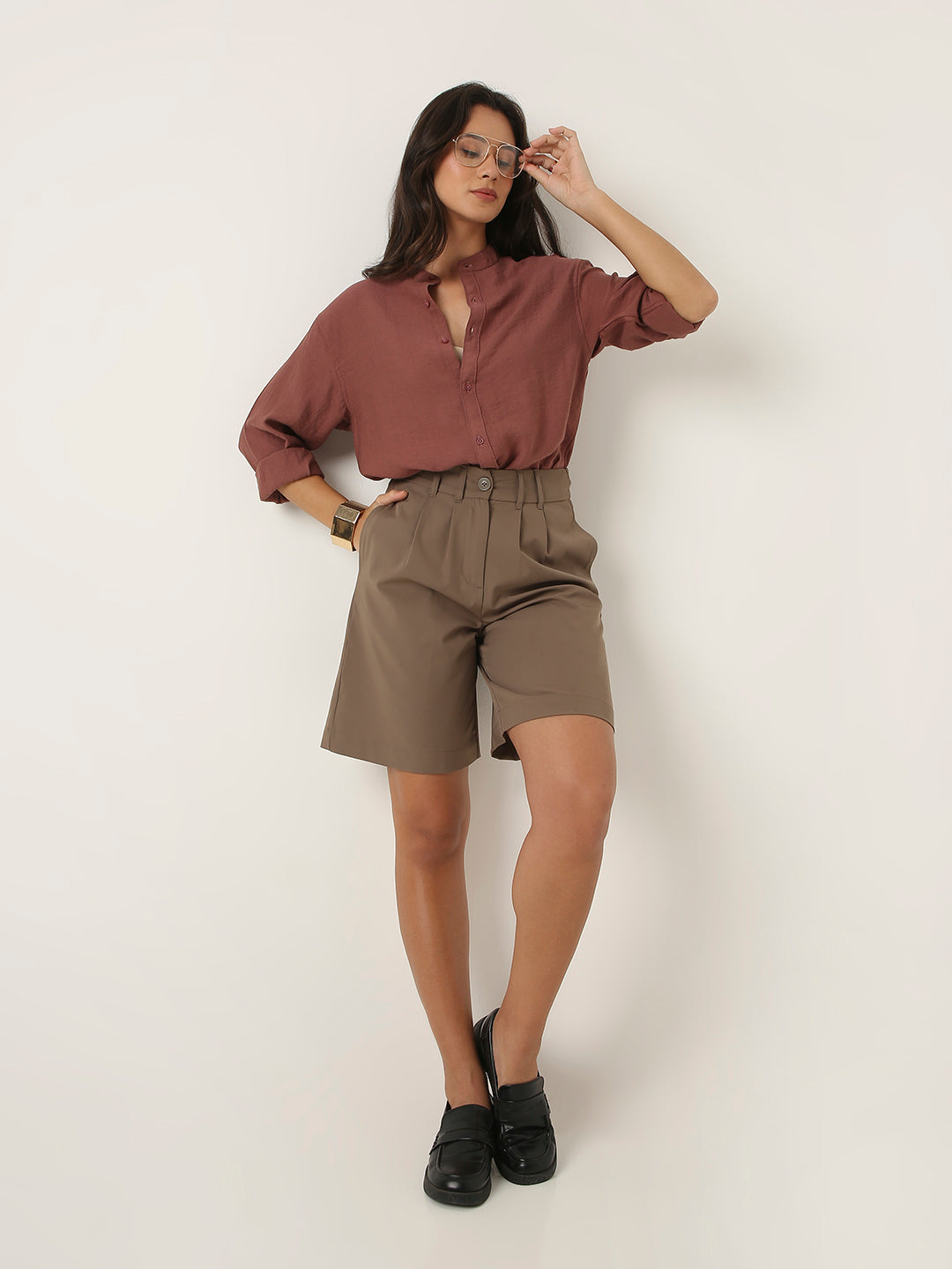 Rust Brown Mandarin Collar Casual Shirt