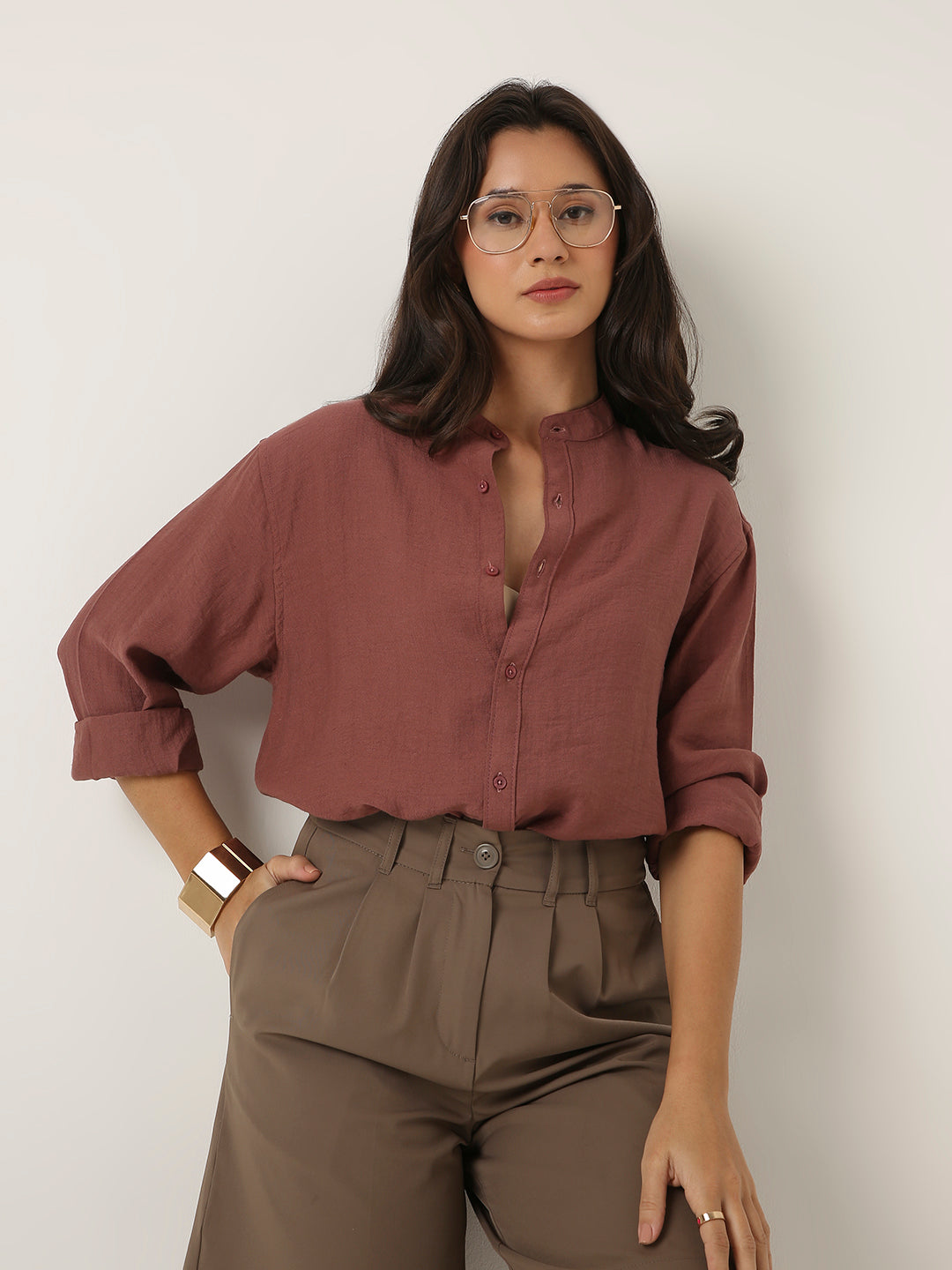 Rust Brown Mandarin Collar Casual Shirt