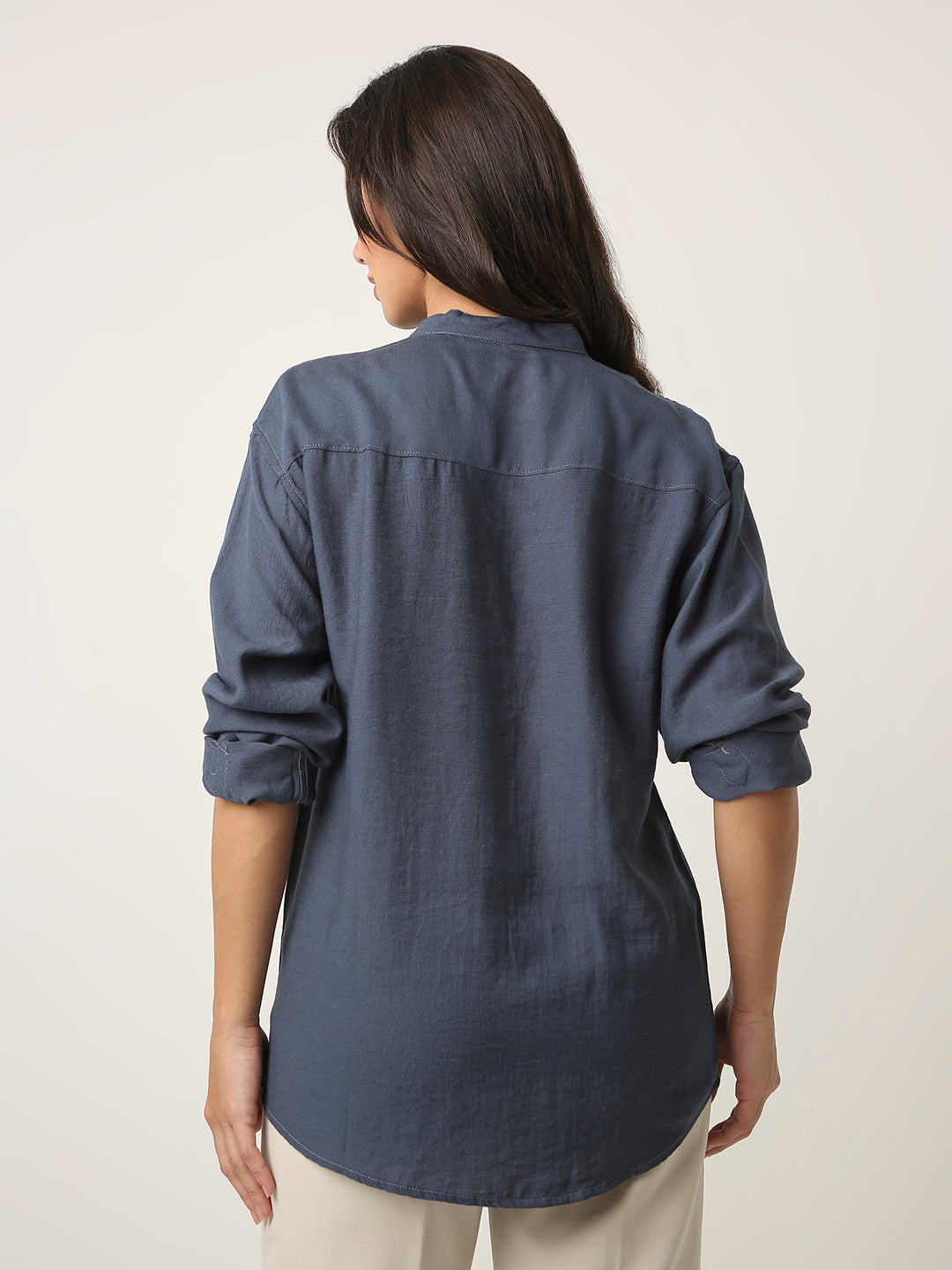 Blue Mandarin Collar Casual Shirt