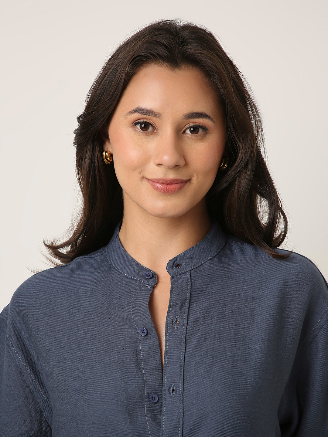 Blue Mandarin Collar Casual Shirt