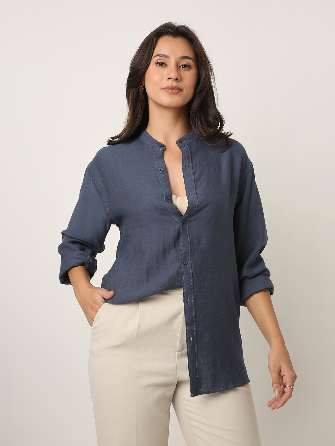 Blue Mandarin Collar Casual Shirt