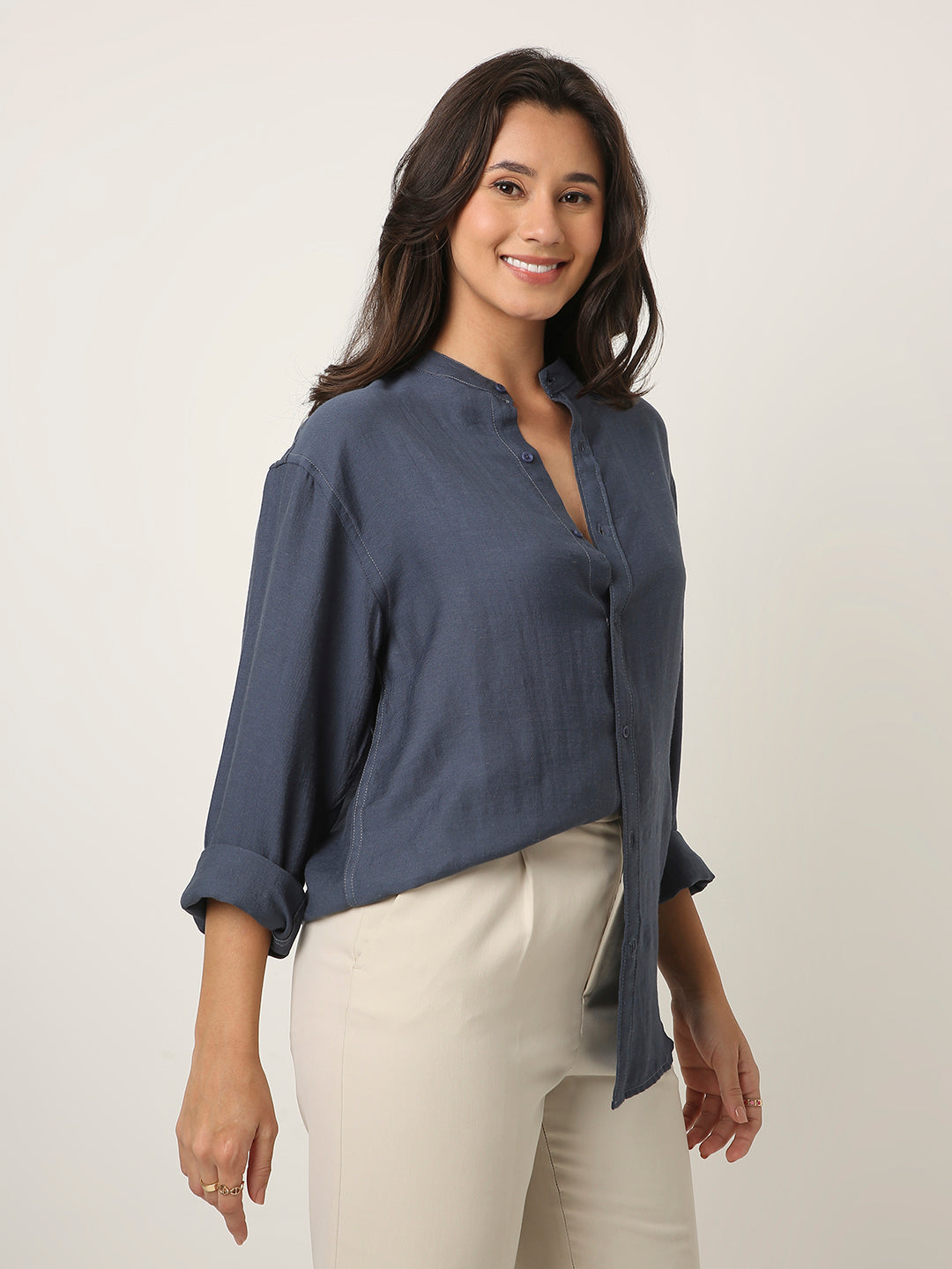 Blue Mandarin Collar Casual Shirt