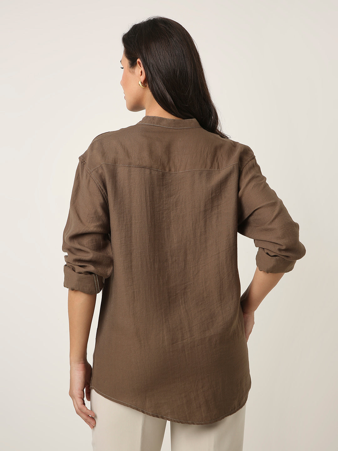 Khaki Mandarin Collar Casual Shirt