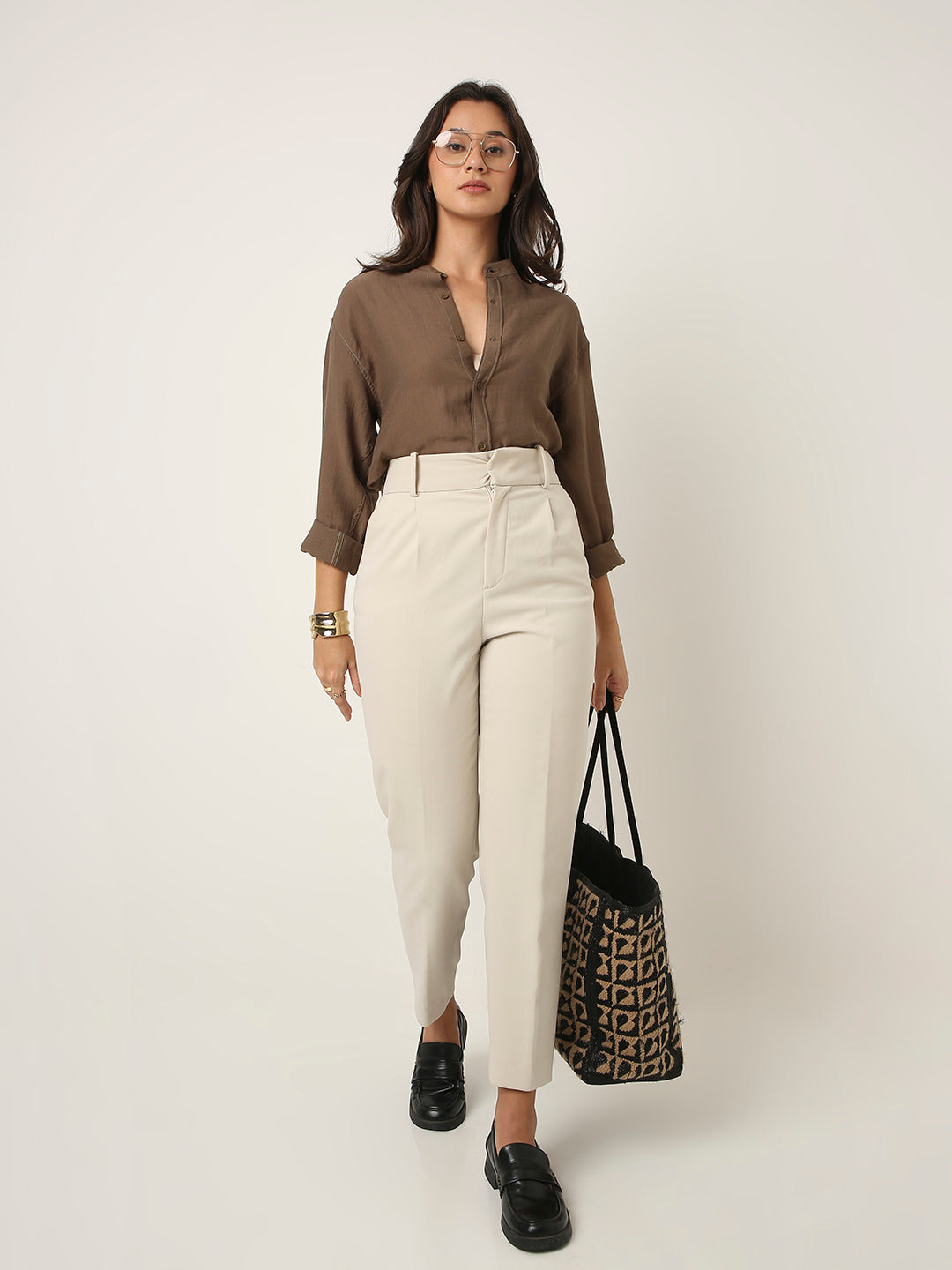 Khaki Mandarin Collar Casual Shirt