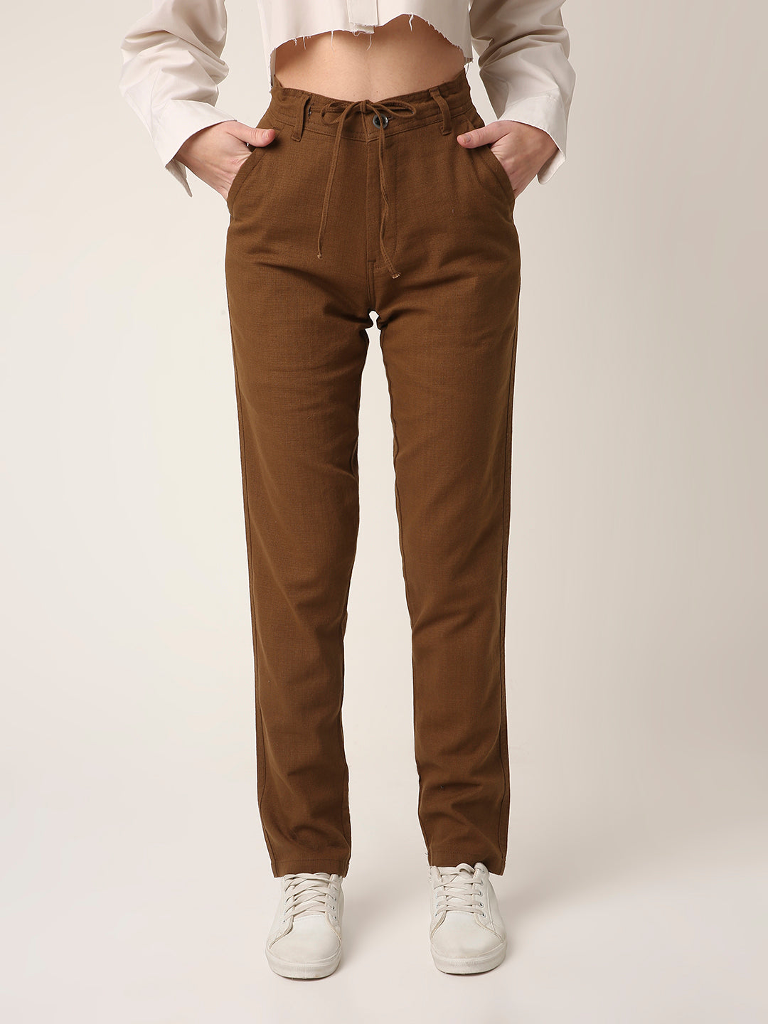 Khaki Drawstring Straight-Fit Pants