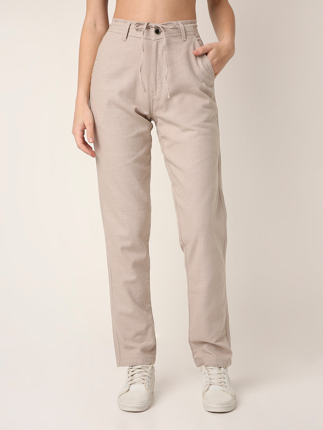 Cream Drawstring Straight-Fit Pants