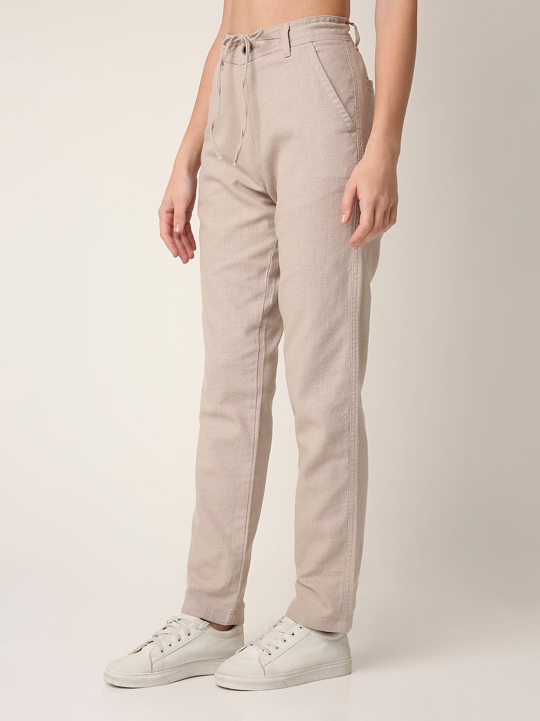 Cream Drawstring Straight-Fit Pants