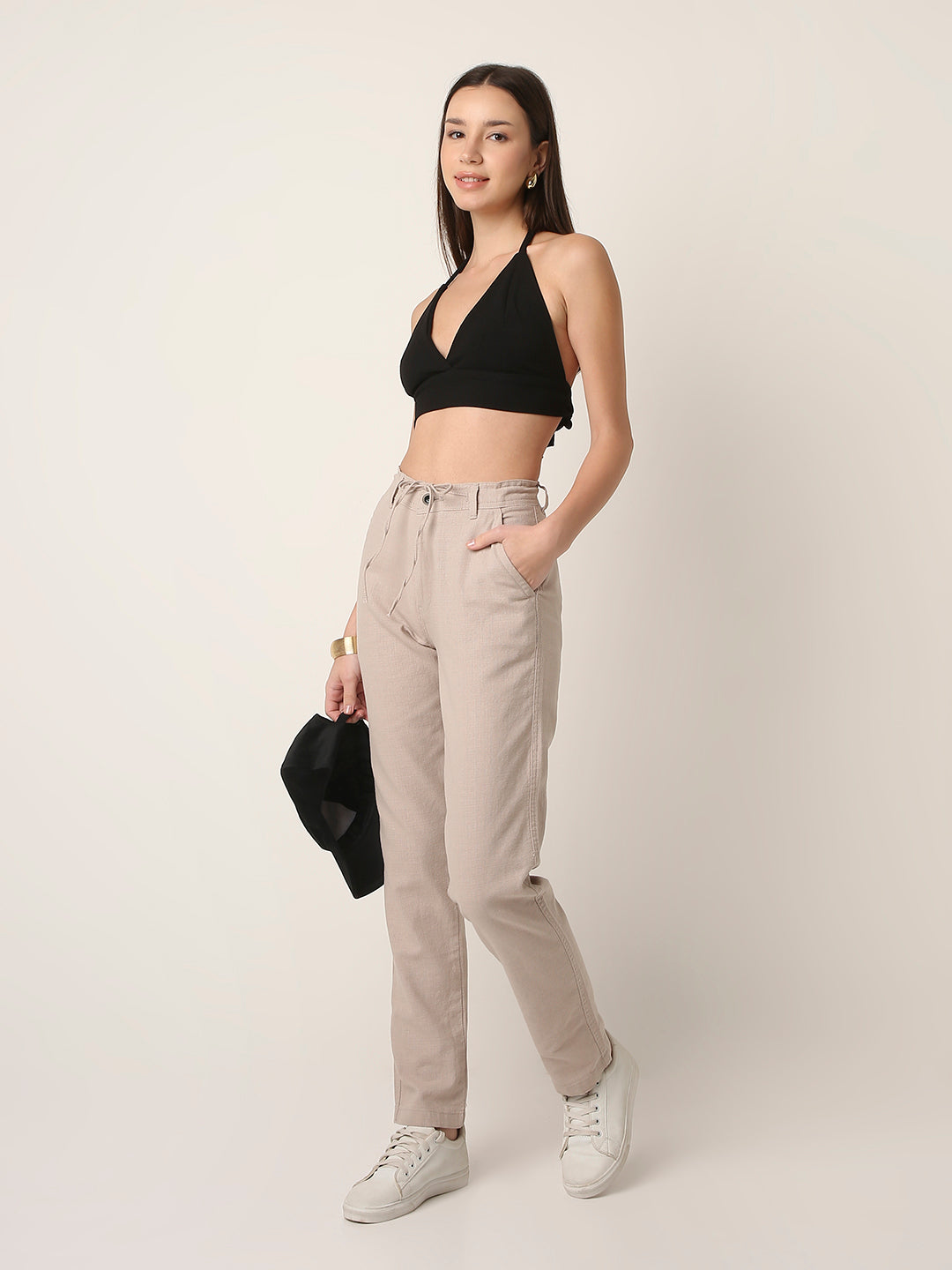 Cream Drawstring Straight-Fit Pants